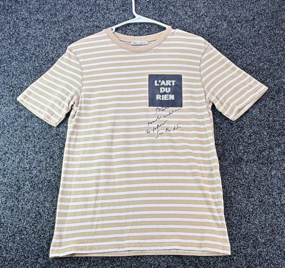 Zara Men's Beige White Striped Logo Graphic Crew Neck T-Shirt Short Sleeve S